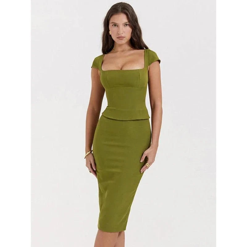 Stylish green two-piece set with square collar top and midi skirt, designed for women's fashion and special occasions.