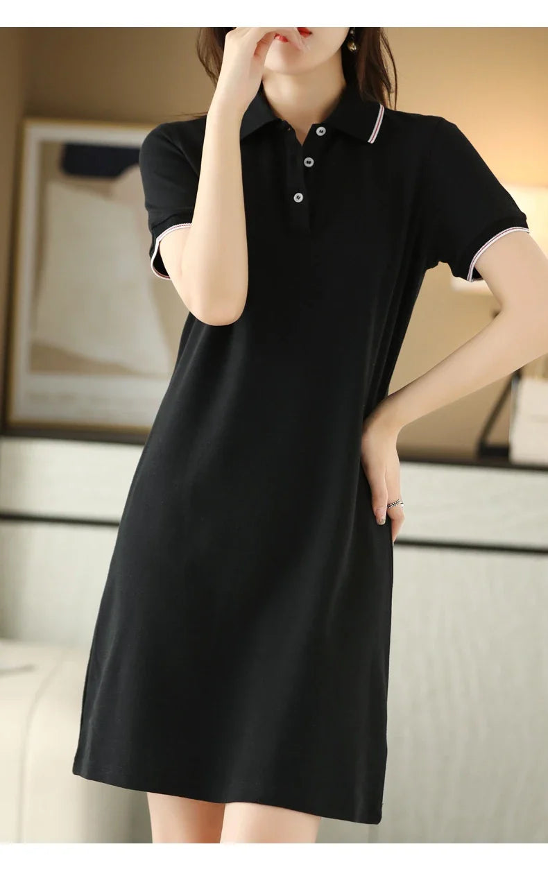 Stylish Kiwi Chic Mid-Length Polo Collar Dress in White, Black, Pink, and Navy Blue colors