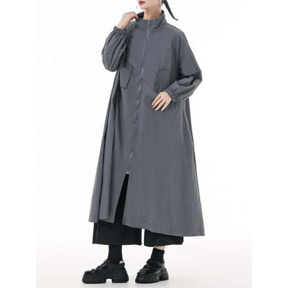 Stylish Army Green Trench Coat with Mandarin Collar, Zipper Closure, and Functional Pockets for Kiwi Fashionistas