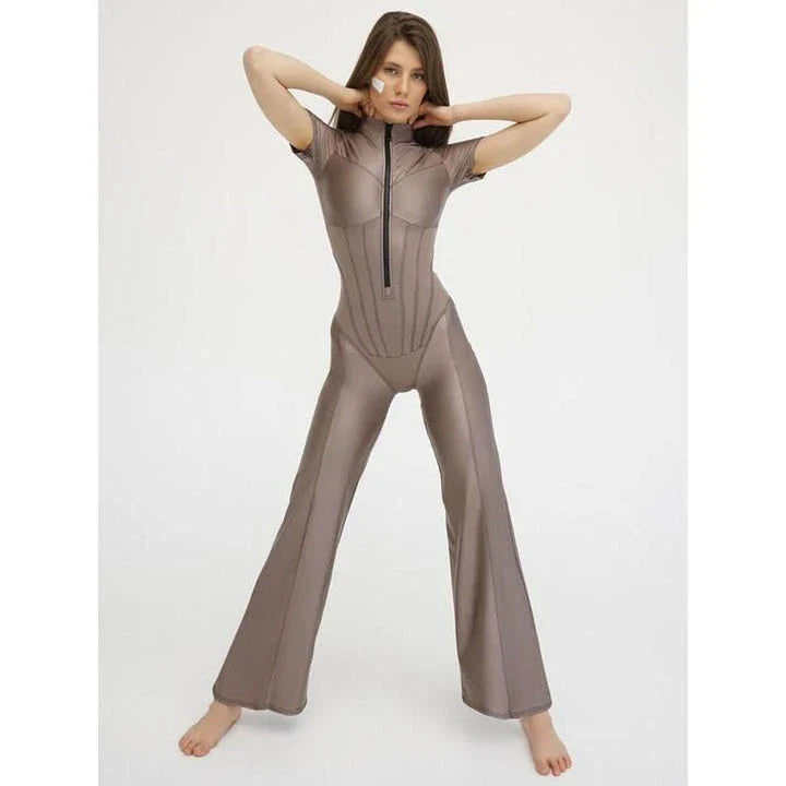 A stylish ankle-length zipper playsuit with flare pants design in a solid brown colour