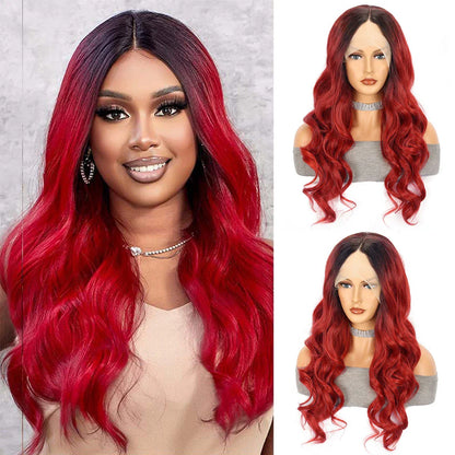 Crimson Wave Long Curly Hair Head Cover - A luxurious silk accessory with long, flowing curls and stylish oblique bangs that elevates any outfit.