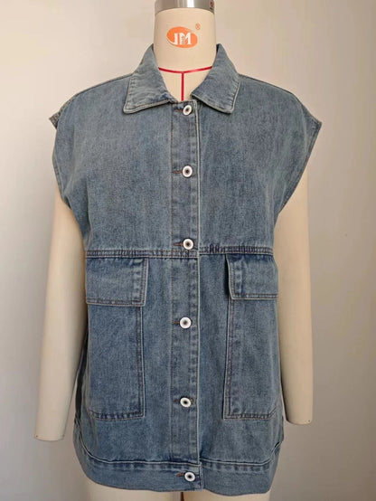 Trendha Denim Vest with Big Pockets - A stylish and functional sleeveless outwear piece for Kiwi women