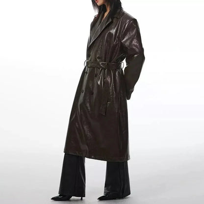 Women's chic PU leather overcoat with detachable fur collar and belt in brown