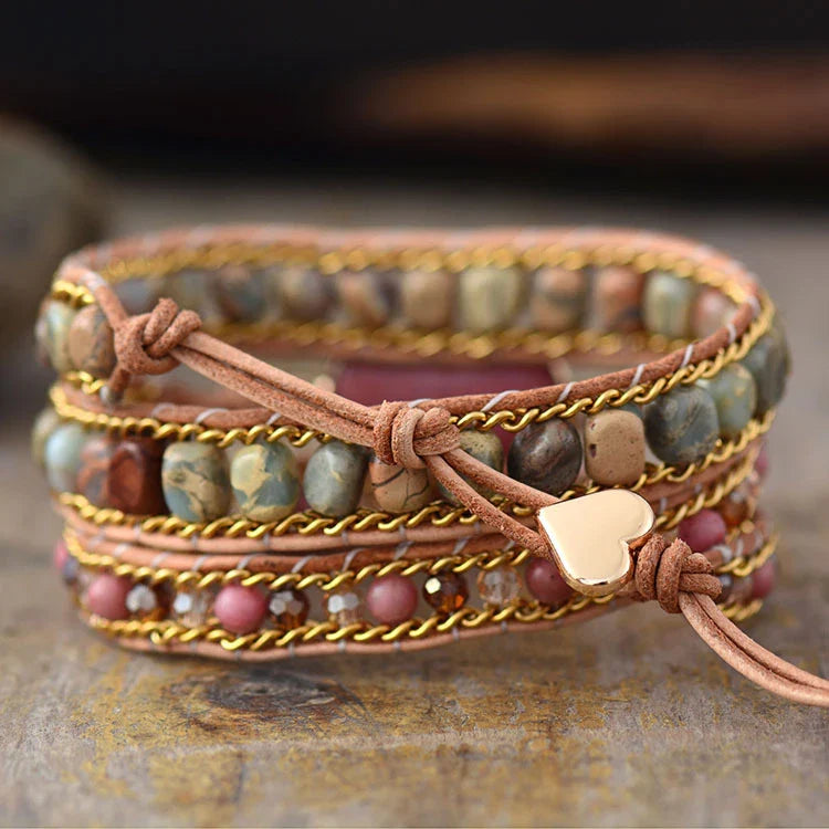 Handcrafted stone and leather bracelet with intricate woven design, made in New Zealand