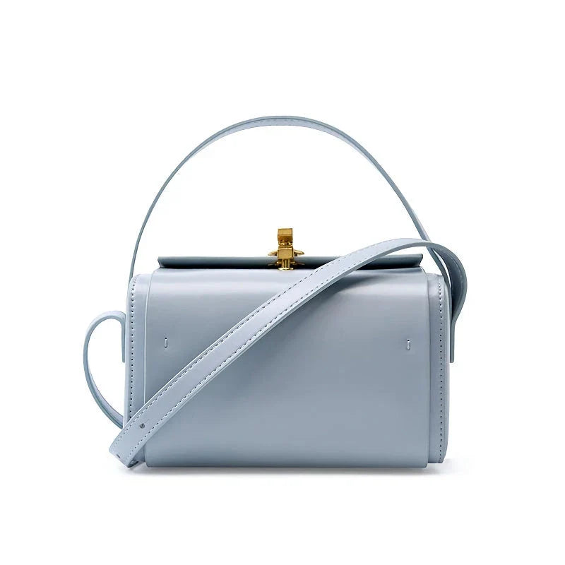 Timeless genuine leather small square shoulder bag in various colors - black, milk apricot, gray blue, and beige