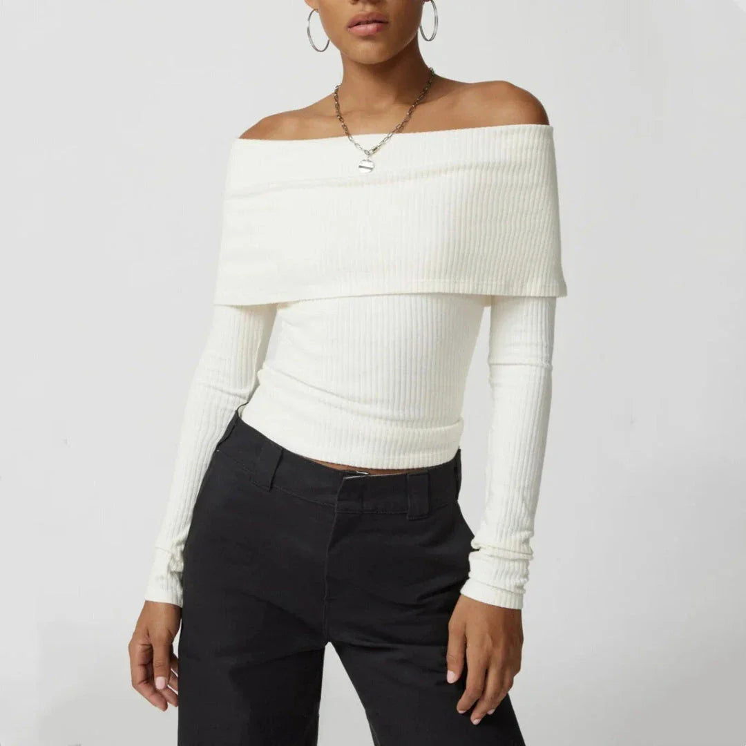 Elegant and comfortable merino wool knit sweater in a timeless design with an off-the-shoulder cut