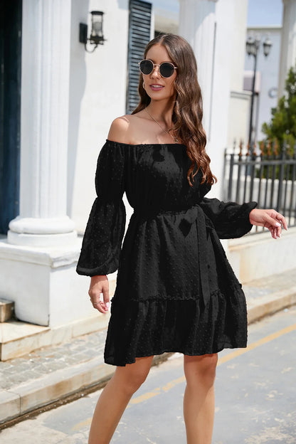 Stylish one-shoulder chiffon dress with bubble dot ruffle design and tie-waist silhouette