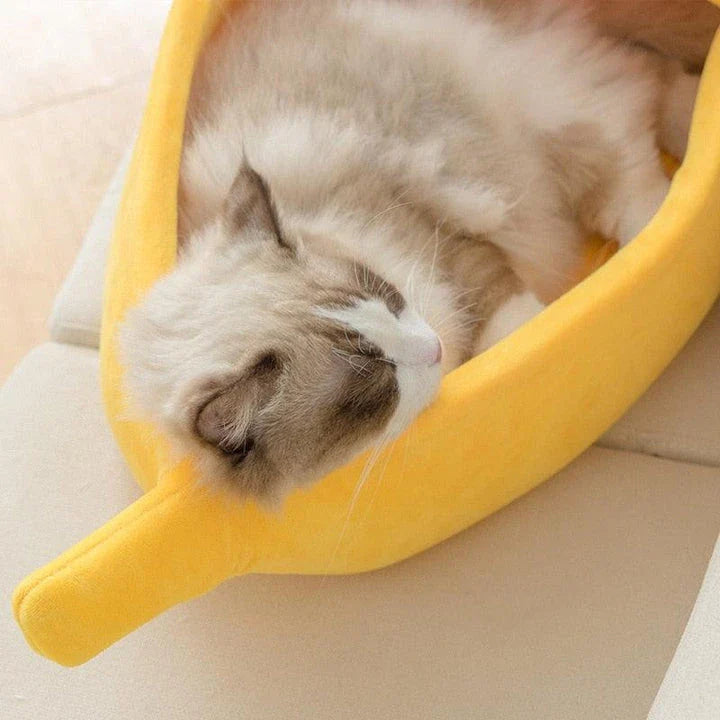 Cozy banana-shaped cat bed in plush, sponge material for ultimate comfort and support