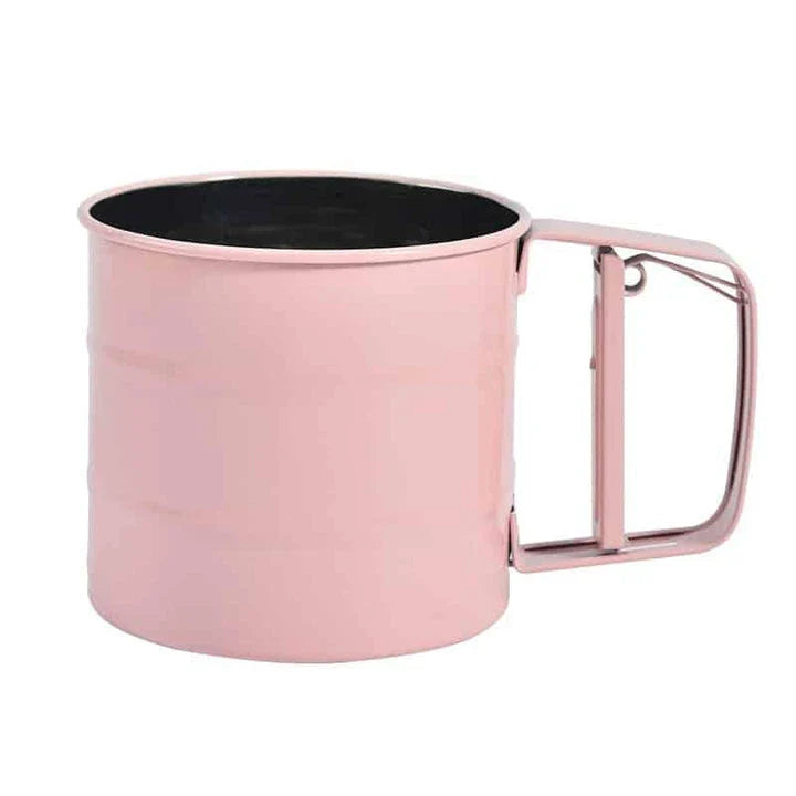 Elegant macaron pink handheld flour sifter with stainless steel construction, perfect for Kiwi bakers