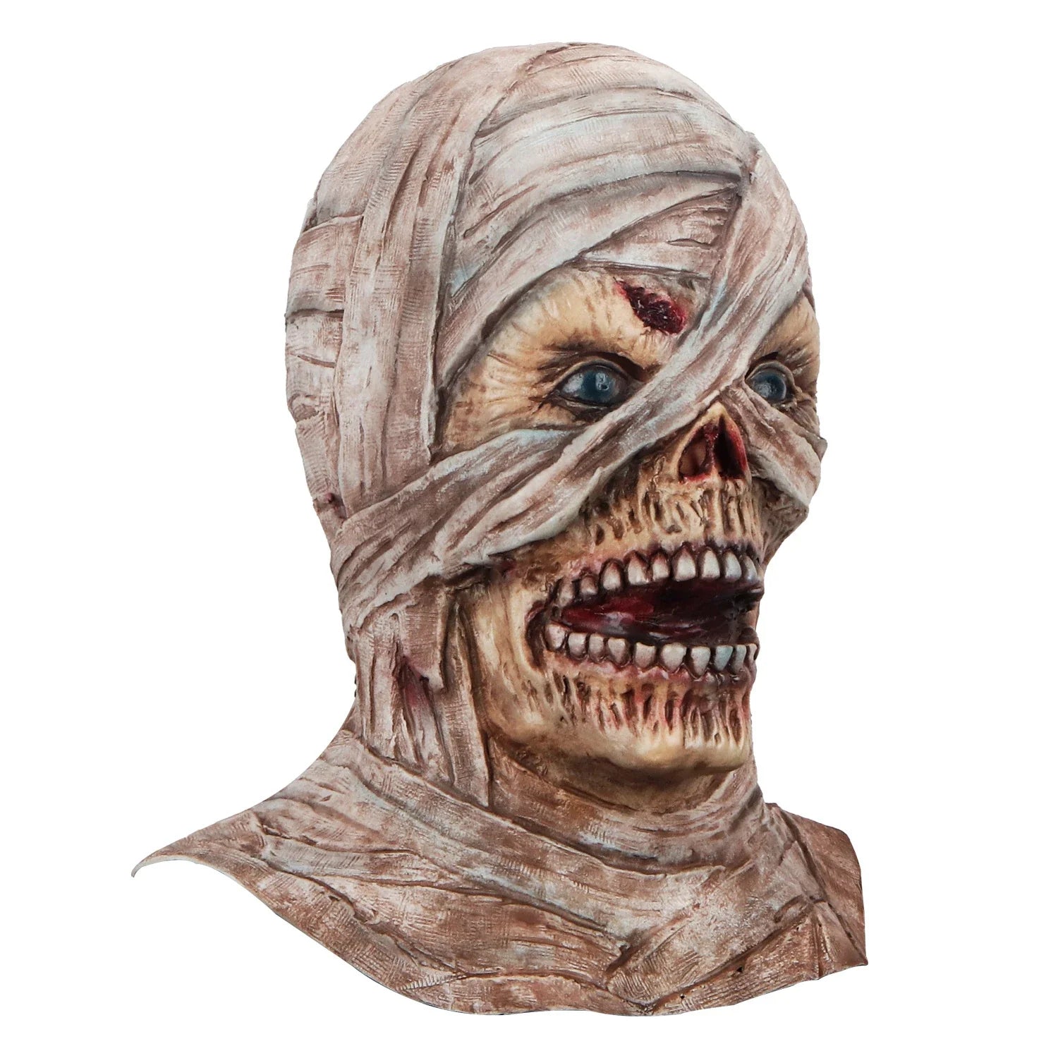 A realistic Latex Mummy Mask with intricate wrappings, perfect for Halloween festivities in New Zealand.