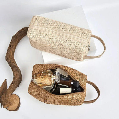 A stylish and practical cosmetic bag made from eco-friendly straw material with a unique knitting pattern, designed for the modern Kiwi woman.