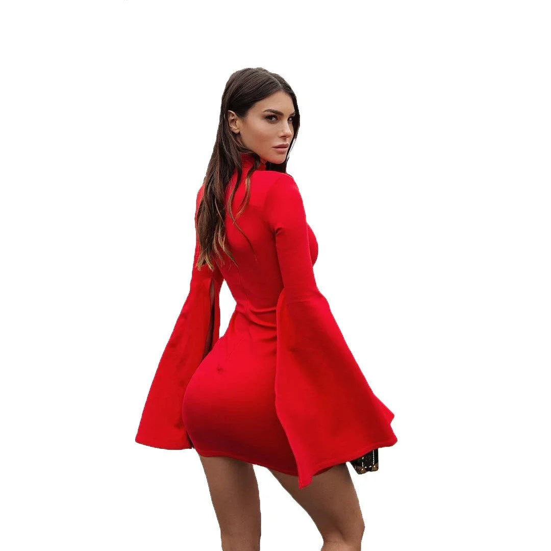 Stylish turtleneck dress with flared sleeves in vibrant red colour, perfect for the modern Kiwi woman's wardrobe
