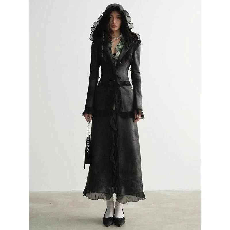 Stylish long sleeve hooded suede and PU leather overcoat for women, featuring a unique mesh patchwork design and single-breasted cut