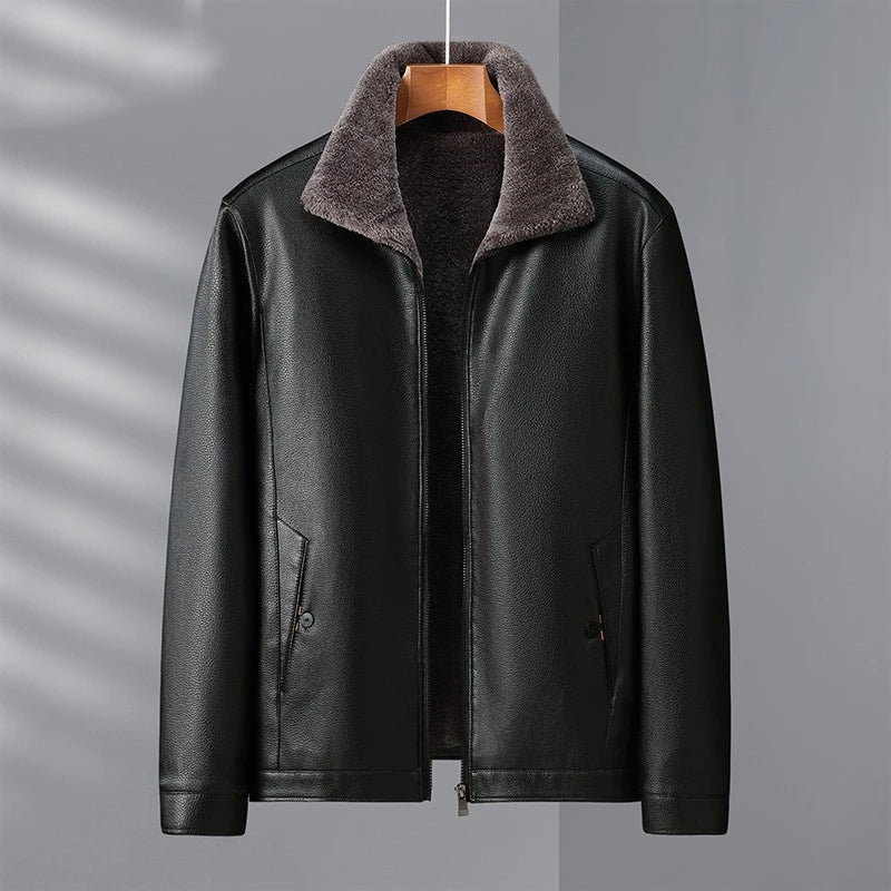 Fleece-lined men's leather jacket in black and brown colors with stand collar for warmth and comfort