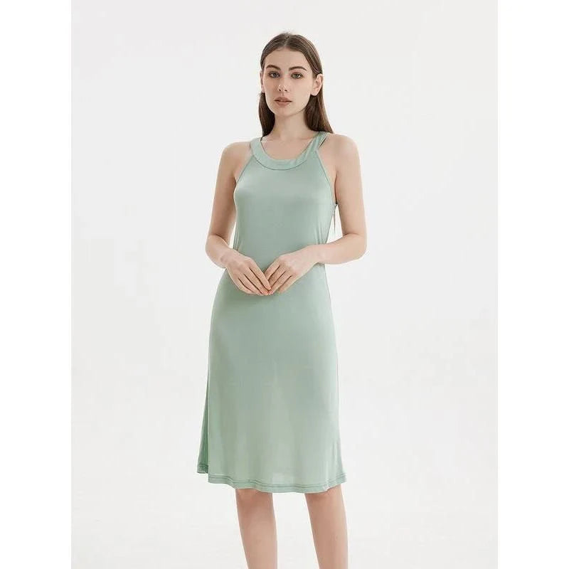 Elegant silk-blend halter midi dress in green and white, perfect for Kiwi women's summer fashion