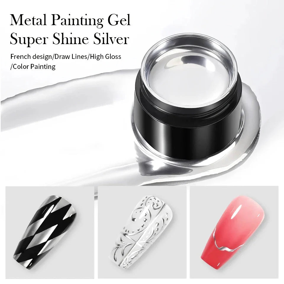 A bottle of 5ML Super Silver Metallic Gel Nail Polish with a metallic mirror-like finish