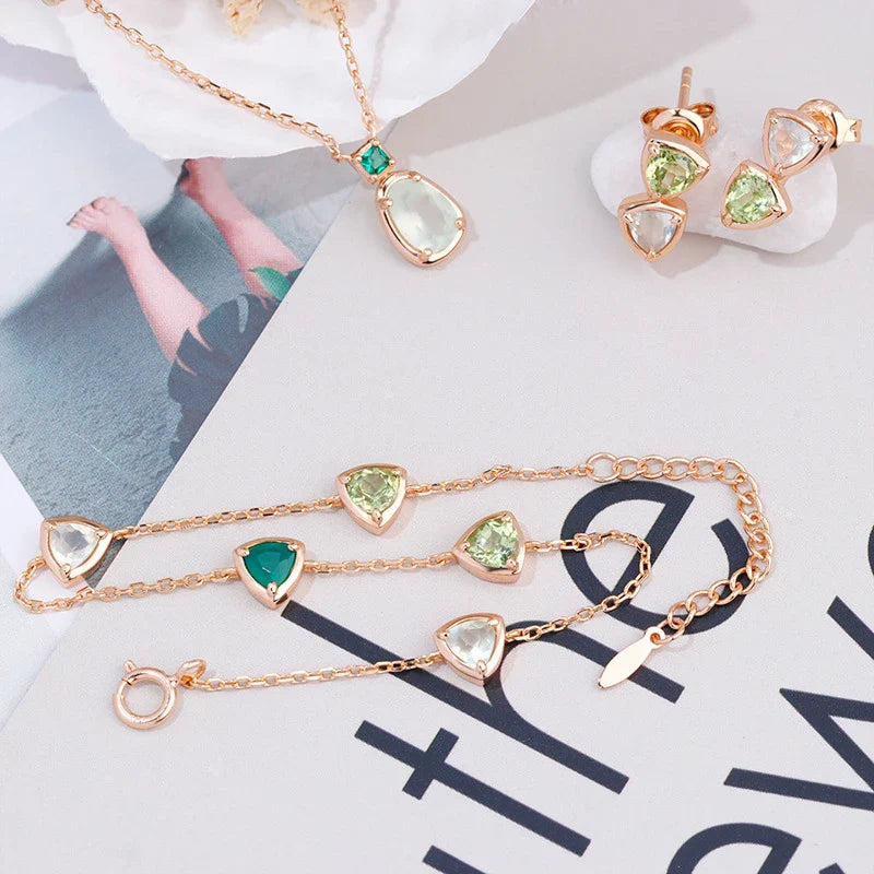 A beautiful, eco-friendly bracelet featuring natural green gems in a modern geometric design