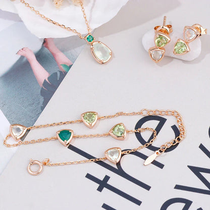 A beautiful, eco-friendly bracelet featuring natural green gems in a modern geometric design