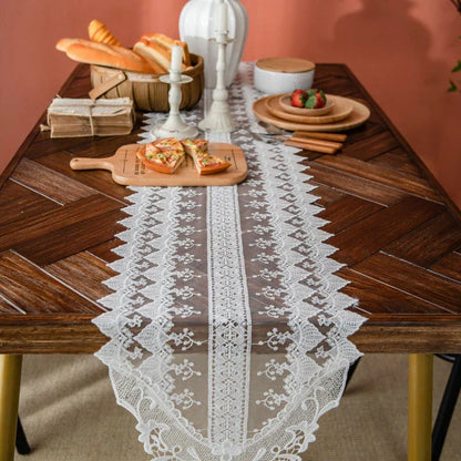 Elegant Lace Table Runner with intricate embroidery and hollowed-out design, perfect for enhancing the look of any dining table in New Zealand.