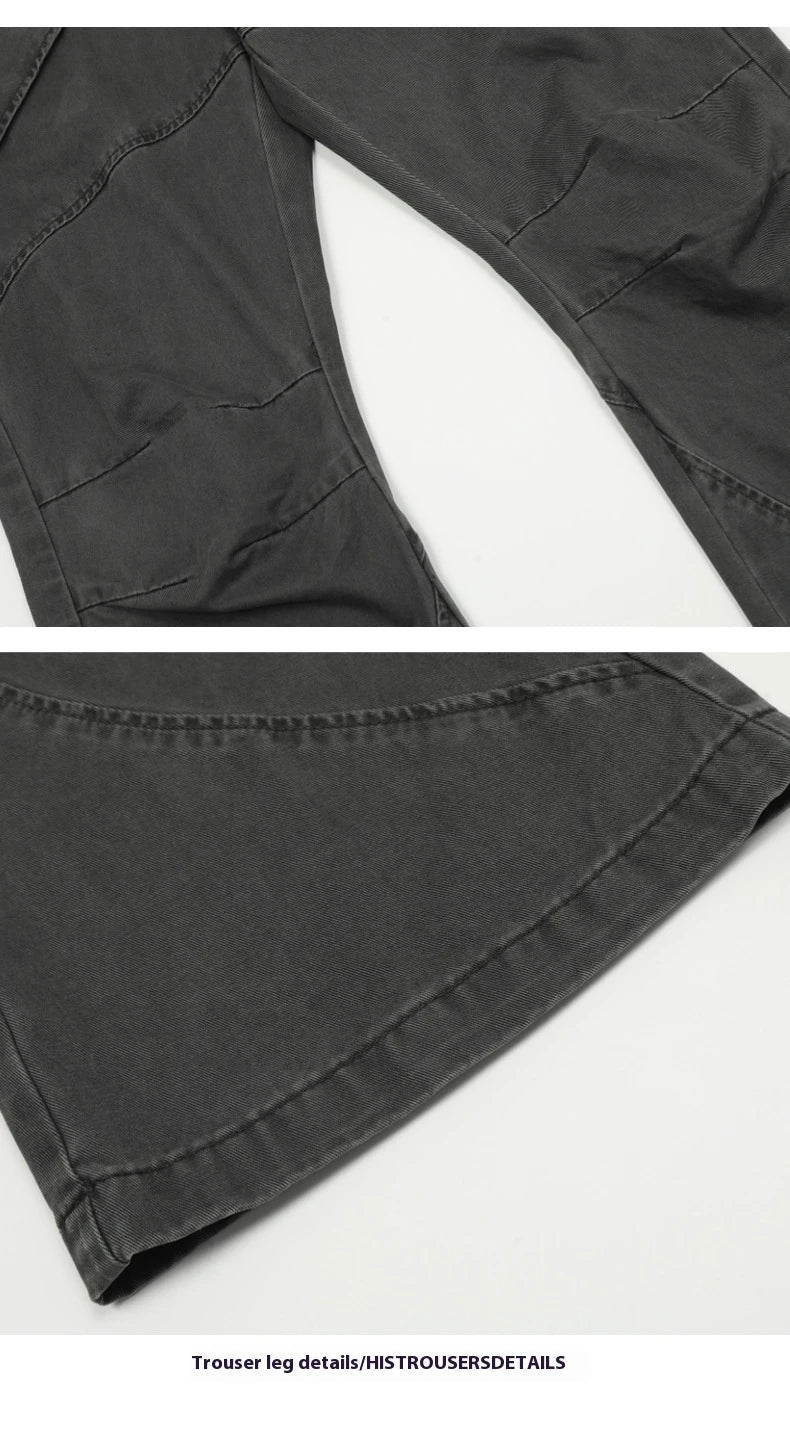 Black washed micro-flared trousers with pleated design and large pockets, perfect for the modern Kiwi lifestyle