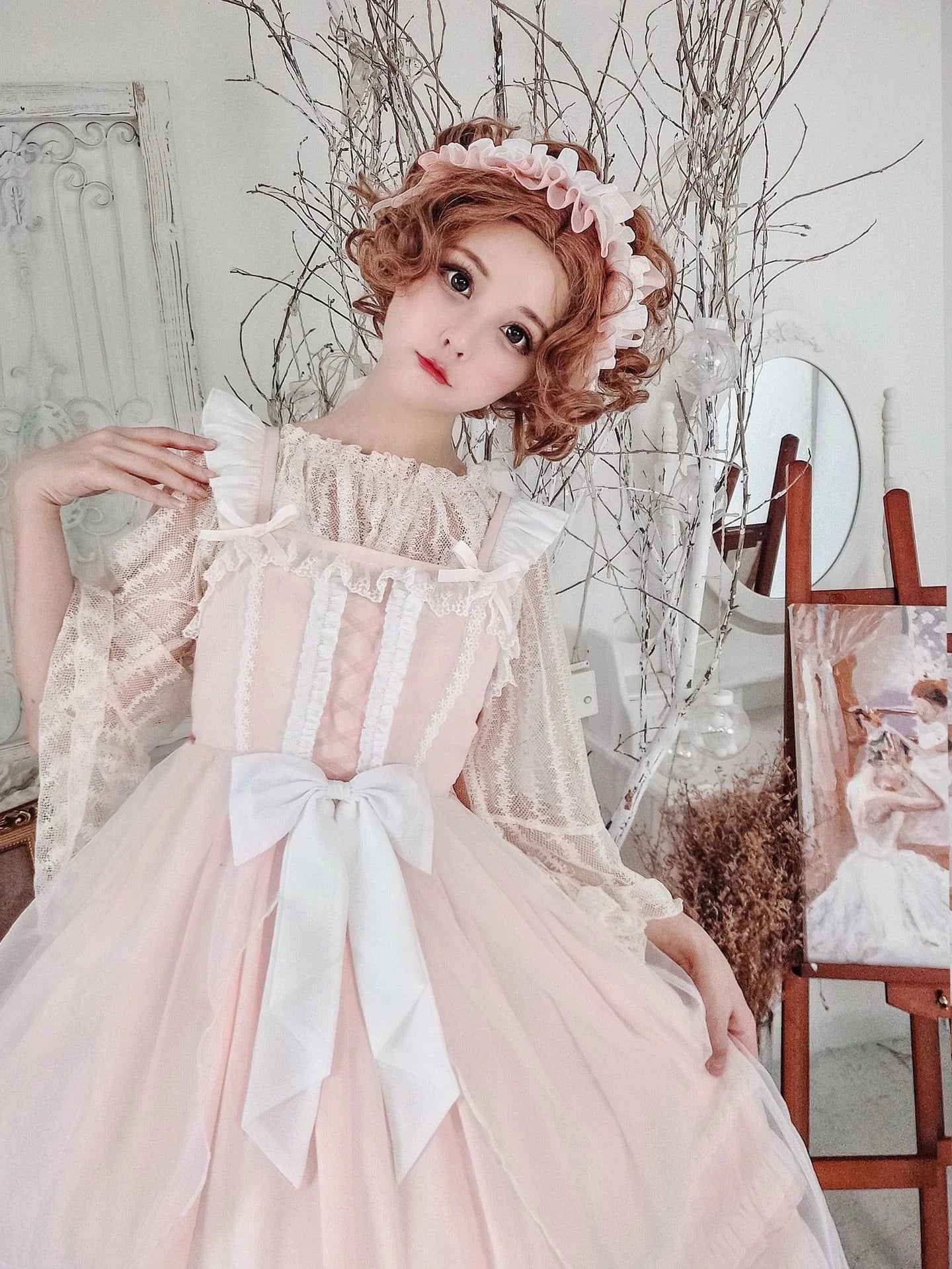 Stylish Lolita dress with cute charm, featuring a digital print, high-waist design, and adjustable suspender straps