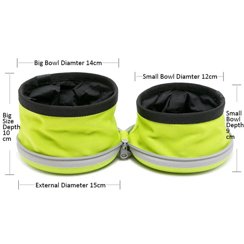 Collapsible dual dog bowl made from durable 900D oxford fabric with waterproof lining, perfect for outdoor adventures with your pet