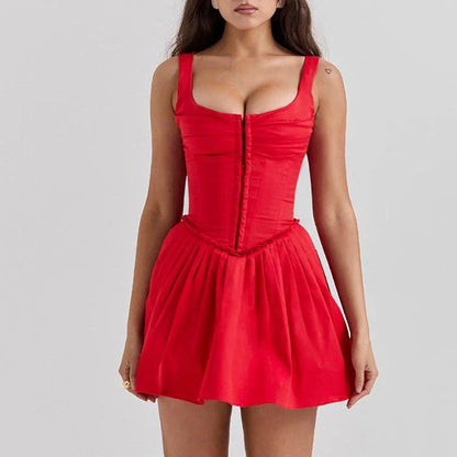 Red sleeveless mini dress with square collar and backless design, perfect for parties and special events.