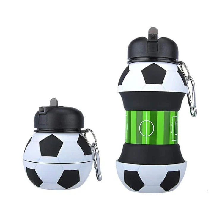 Foldable, leak-proof silica gel water bottle in orange, white/black, and green colors, designed for active Kiwi kids