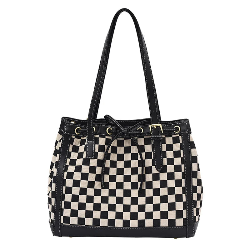 Black PU leather tote bag with a classic checkerboard pattern, perfect for everyday use in the Kiwi lifestyle