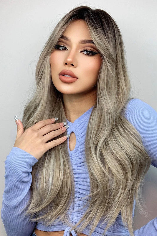 Stylish 26-inch long wave synthetic wig in silver/gray color with comfortable basic cap construction