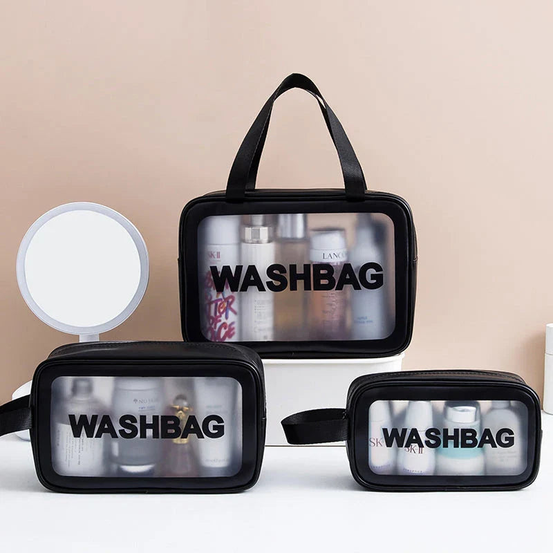 Spacious and waterproof travel makeup bag with transparent panels for easy visibility and organisation of cosmetics and toiletries