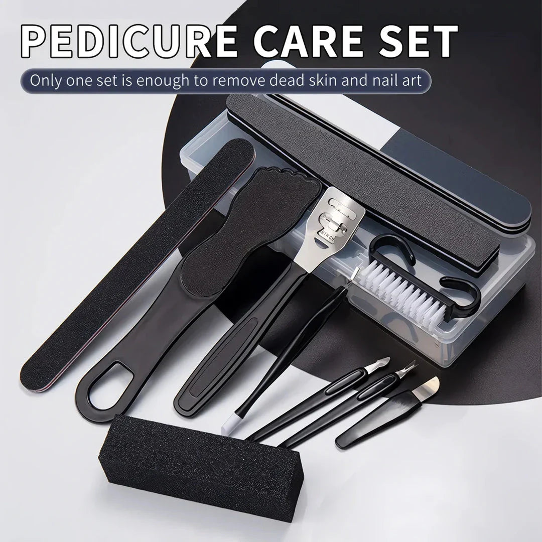 Black 12-piece pedicure care set with stainless steel and plastic tools for removing corns, calluses, and thick nails to leave feet baby-soft and smooth