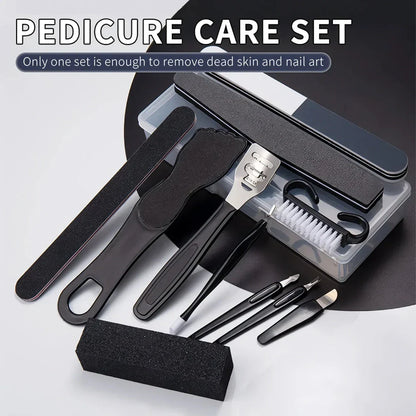 Black 12-piece pedicure care set with stainless steel and plastic tools for removing corns, calluses, and thick nails to leave feet baby-soft and smooth
