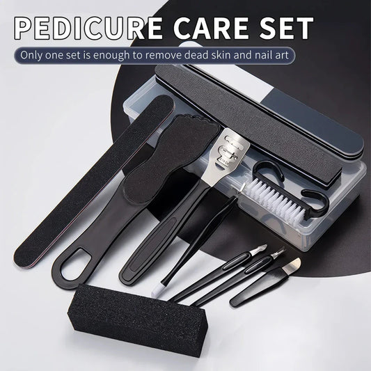 Black 12-piece pedicure care set with stainless steel and plastic tools for removing corns, calluses, and thick nails to leave feet baby-soft and smooth