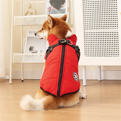 A stylish and practical waterproof dog coat with a built-in harness, designed to keep your pet warm, dry, and safe during outdoor activities.