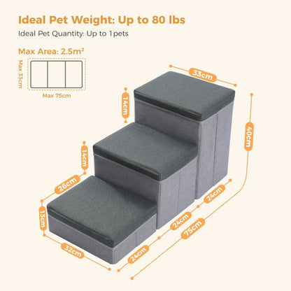 A foldable 2-in-1 pet ladder with a storage compartment, designed for dogs and puppies to safely access high places in the home.