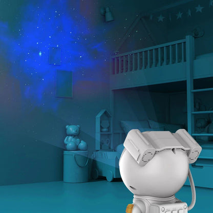 Astronaut Star Projector Lamp with 360-degree rotating head, detachable lunar base, and customizable astronaut pose