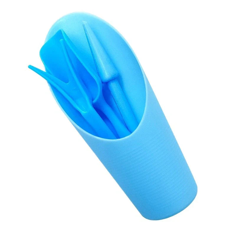 A 4-piece gardening tool set including a soil scoop, hand shovel, multi-use bucket, and seedling transplanter