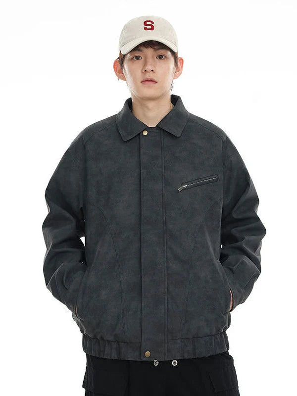 Kiwi-inspired leather jacket with a relaxed, loose fit and classic design elements