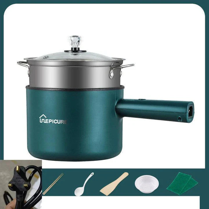 Versatile electric cooker in Emerald Green and Sapphire Blue colours, featuring manual and smart pot models with steaming grids for a range of cooking functions.