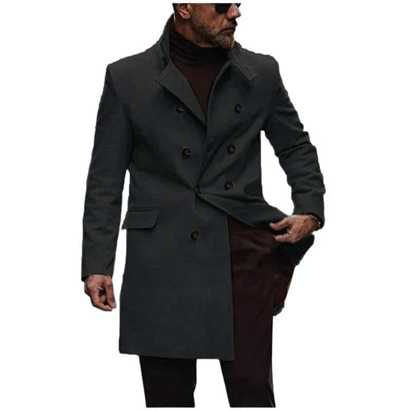 A stylish and warm wool coat for men, featuring a streamlined European-inspired design and practical side pockets.