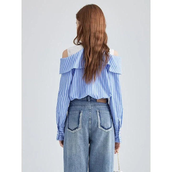 A stylish striped long sleeve off-shoulder blouse made from a premium cotton-polyester blend, perfect for the Kiwi lifestyle.