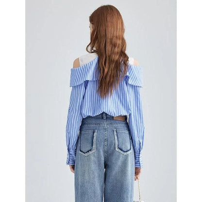 A stylish striped long sleeve off-shoulder blouse made from a premium cotton-polyester blend, perfect for the Kiwi lifestyle.