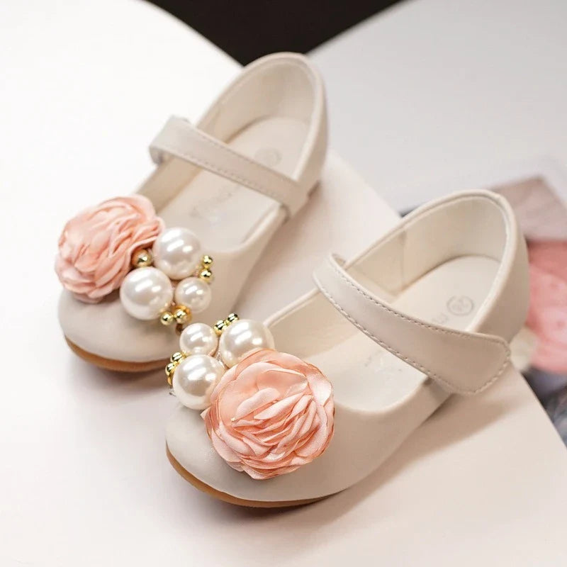 Kids' Pearl Flower Princess Shoes in various colors and sizes