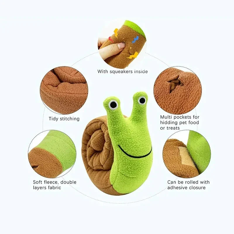 Soft, plush snail-shaped snuffle mat toy for dogs, with multiple treat-hiding pockets and a built-in sound generator for added engagement and mental stimulation.