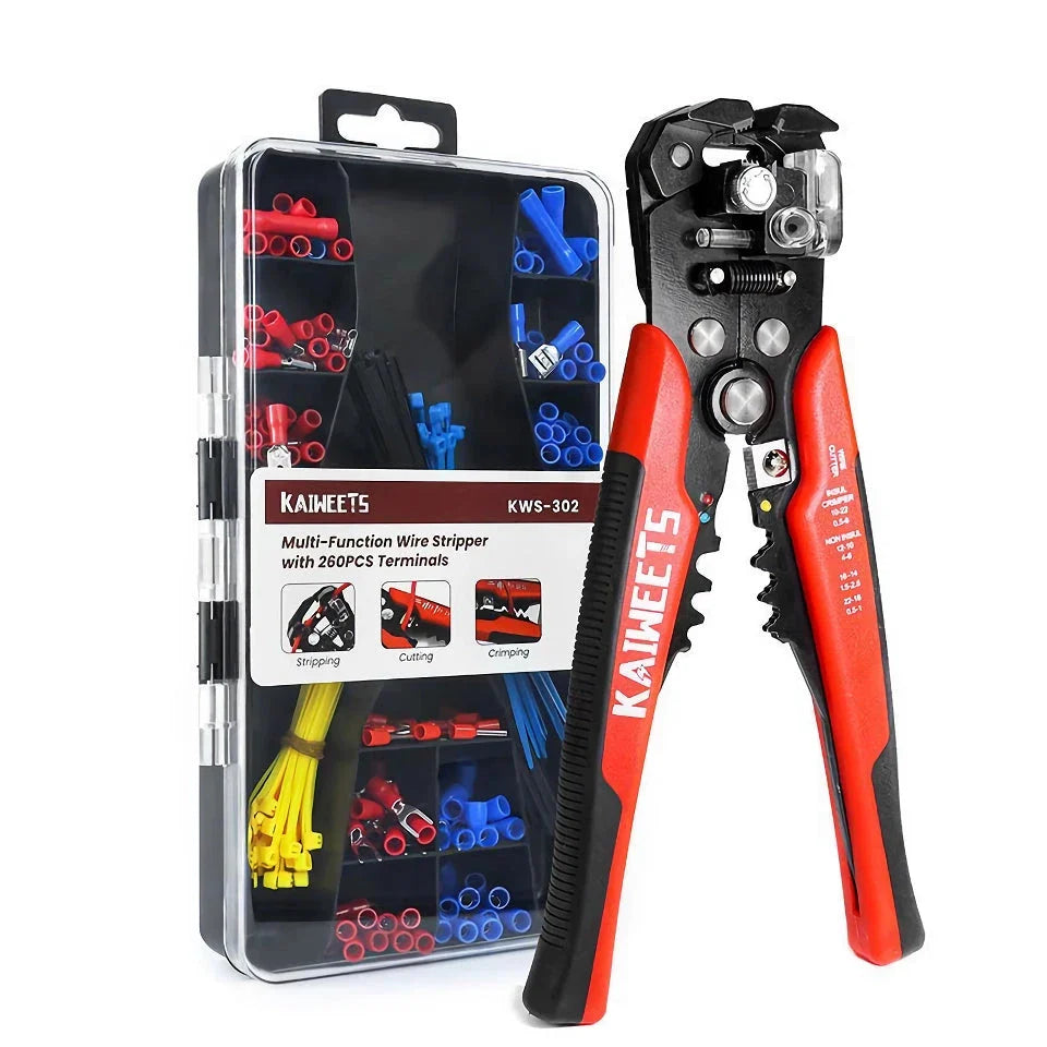 Automatic Wire Stripping and Crimping Tool Set with self-adjusting jaws and micro-adjusting swivel knob for versatile wire handling