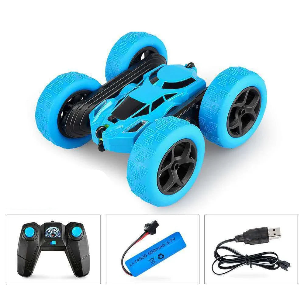 Futuristic off-road RC stunt car with 360-degree flip capability, rechargeable battery, and remote control