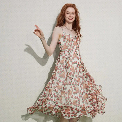 Elegant French-inspired floral midi dress with V-neck, spaghetti straps, and asymmetrical decoration for chic Kiwi style