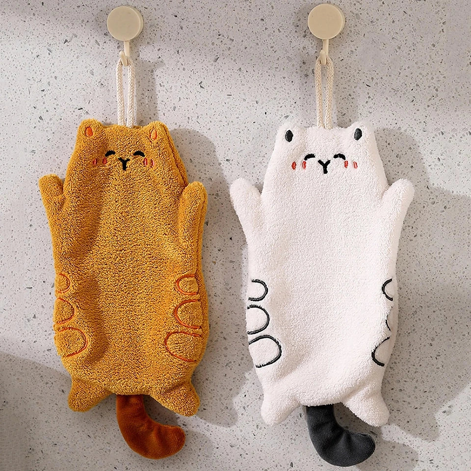 Adorable Kawaii hand towel with a playful cat design, made from premium coral velvet and featuring a convenient hanging lanyard