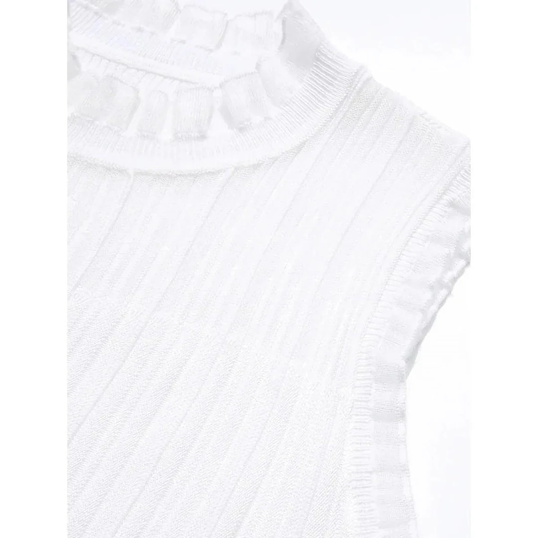Elegant lace mullet tank top with stand-up collar, featuring a versatile design for both casual and professional wear.